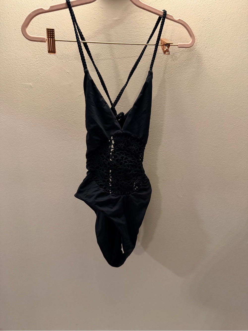 Frankies Bikinis Black Macrame Crochet Cutout One Piece Swimsuit Large